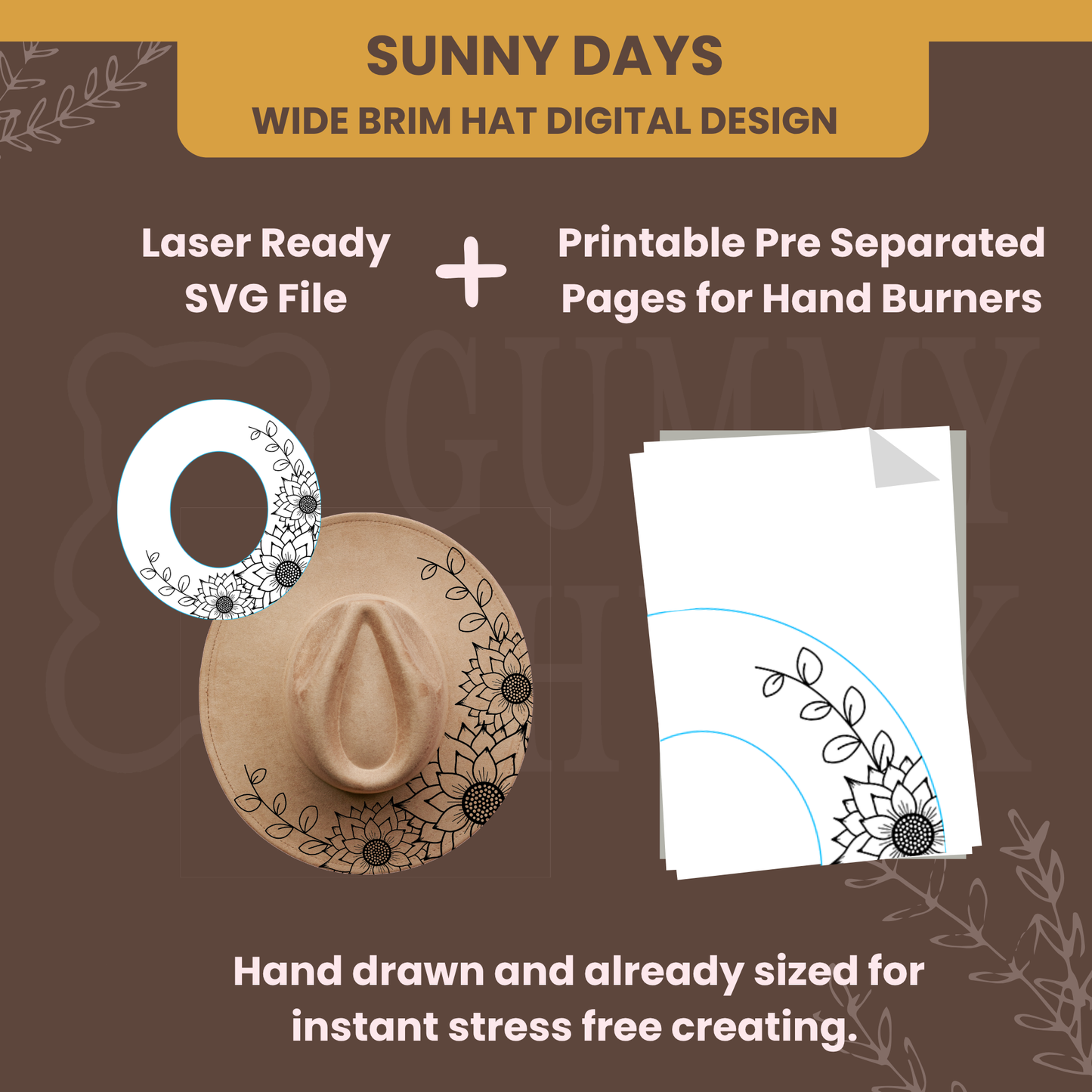 Sunflower - Beginners Wide Brim Hat Template for Burning and Painting - SVG and JPEG Files
