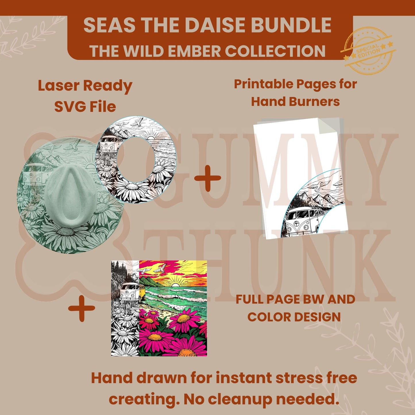 Seas the Daise BUNDLE - Wide Brim Hat Template for Burning - Laser SVG and Hand Burning Files
