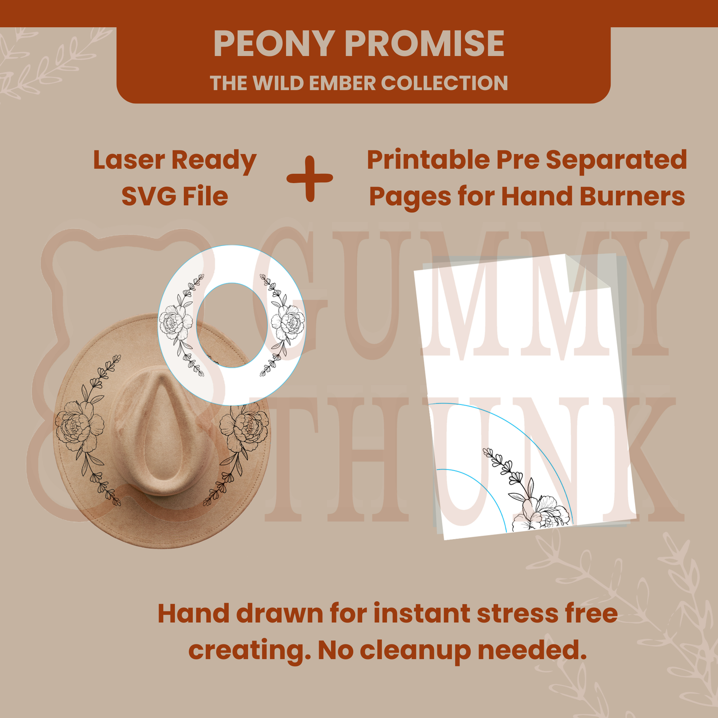 Peony Promise Wide Brim Hat Template for Burning - Laser SVG and Hand Burning Files