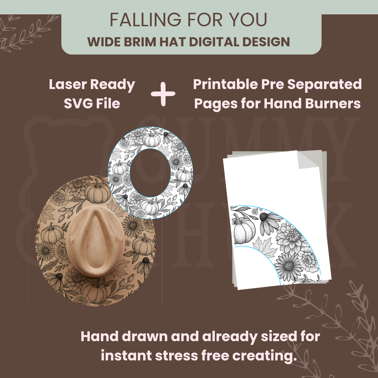 Falling For You Wide Brim Hat Template for Burning - Laser SVG and Hand Burning Files