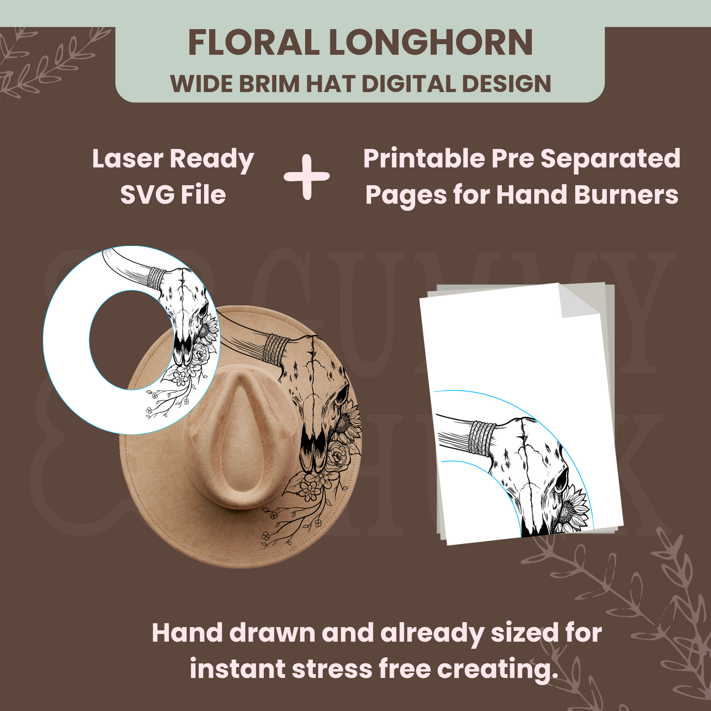 Floral Longhorn Hat Wide Brim Template for Burning - SVG and PNG Files