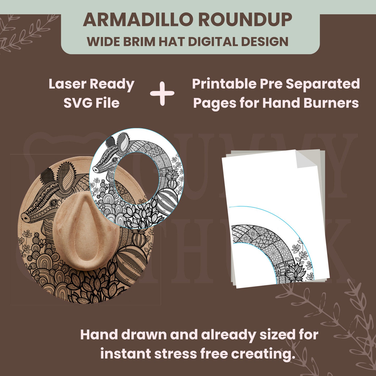 Armadillo Roundup - Wide Brim Hat Template for Burning - SVG and PNG Files