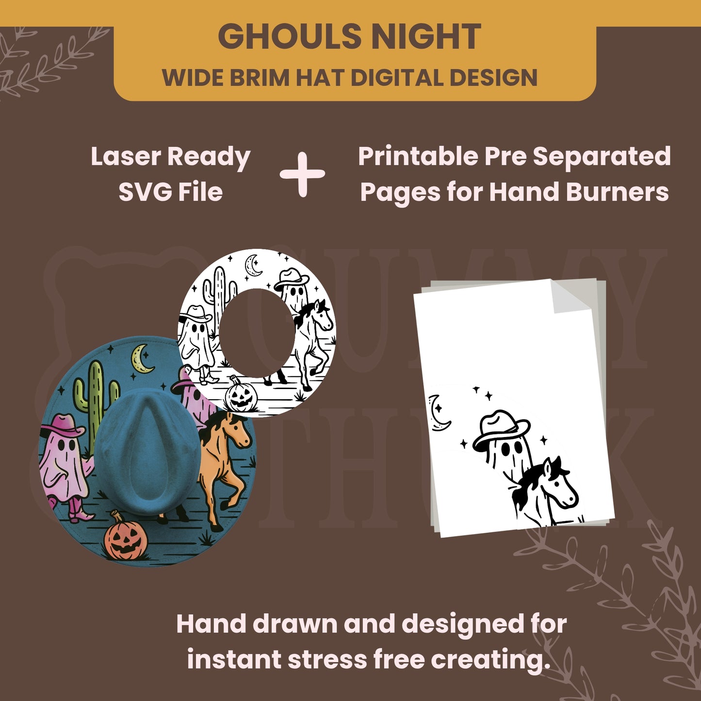 Ghouls Night -- Digital Design for Hat Burning -- Laser Engraving and Hand Burning Wide Brim Hat Template