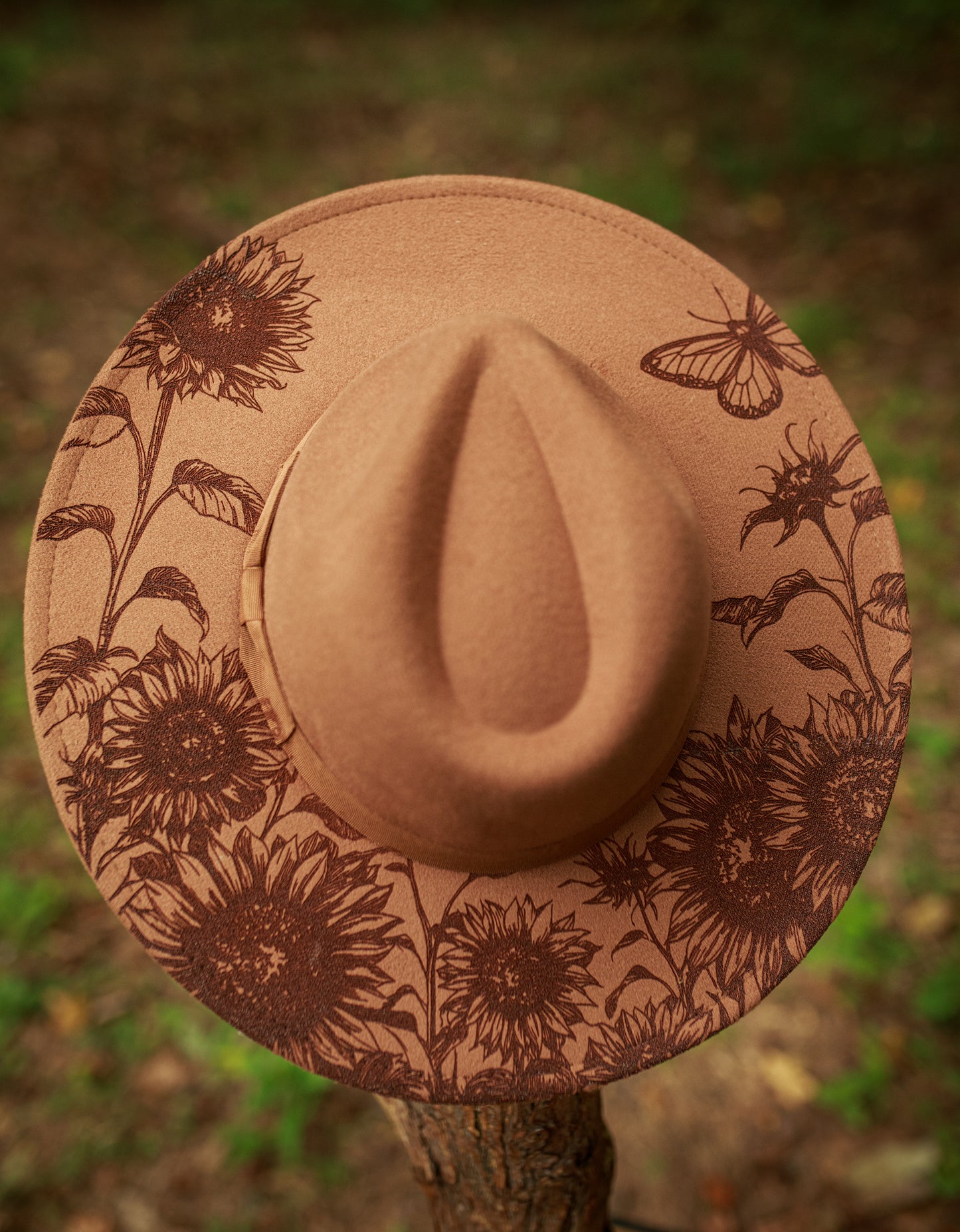 Wild Sunflowers and Butterfly Hat - Wide Brim Vegan Suede Hat