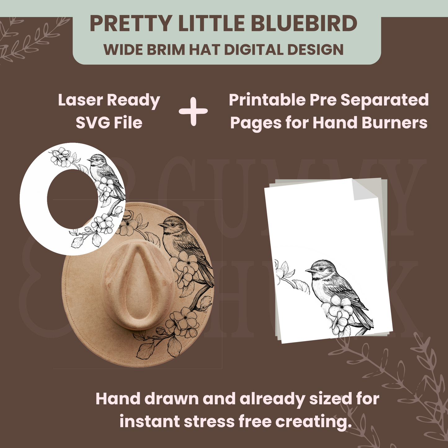 Pretty Little Bluebird Wide Brim Hat Template for Burning - Laser SVG and Hand Burning Files